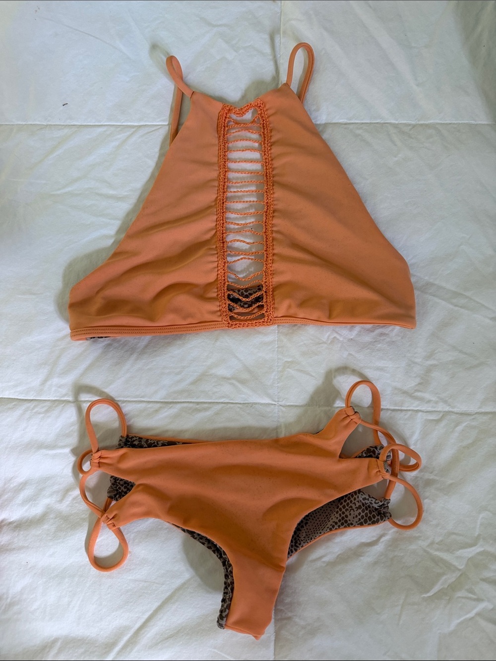 acacia swimwear Orange Crochet-Front High Neck Bikini